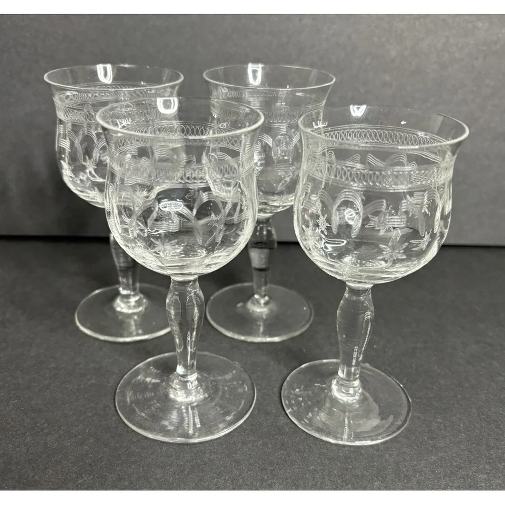 4 Franciscan Tiffin Needle Etch Small Cordial Glasses Optic Stars & Stripes READ